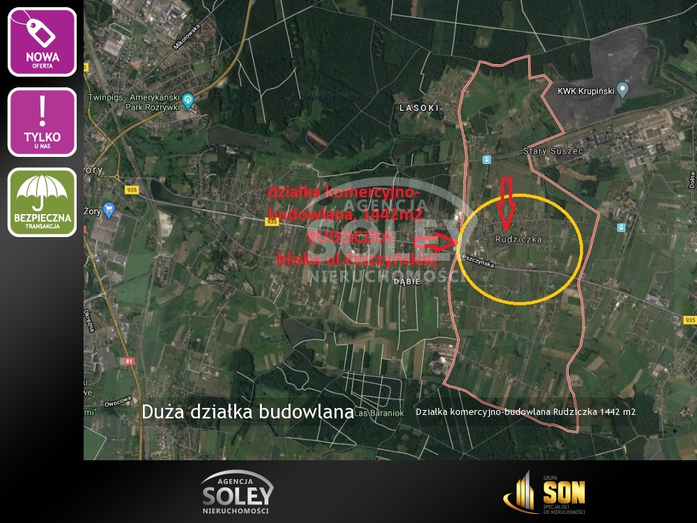 Nieruchomości: Działka komercyjno-budowlana Rudziczka 1442 m2