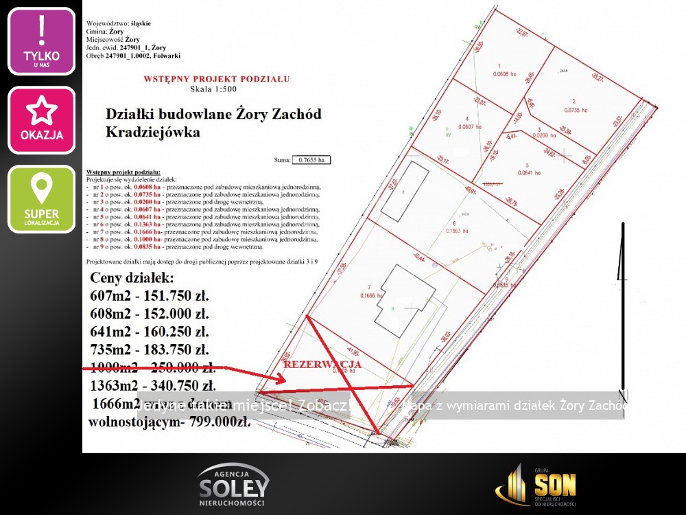 Nieruchomości: Mapa z wymiarami działek Żory Zachód