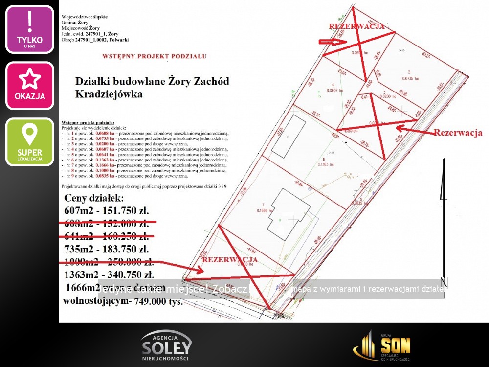 Nieruchomości: mapa z wymiarami i rezerwacjami działek